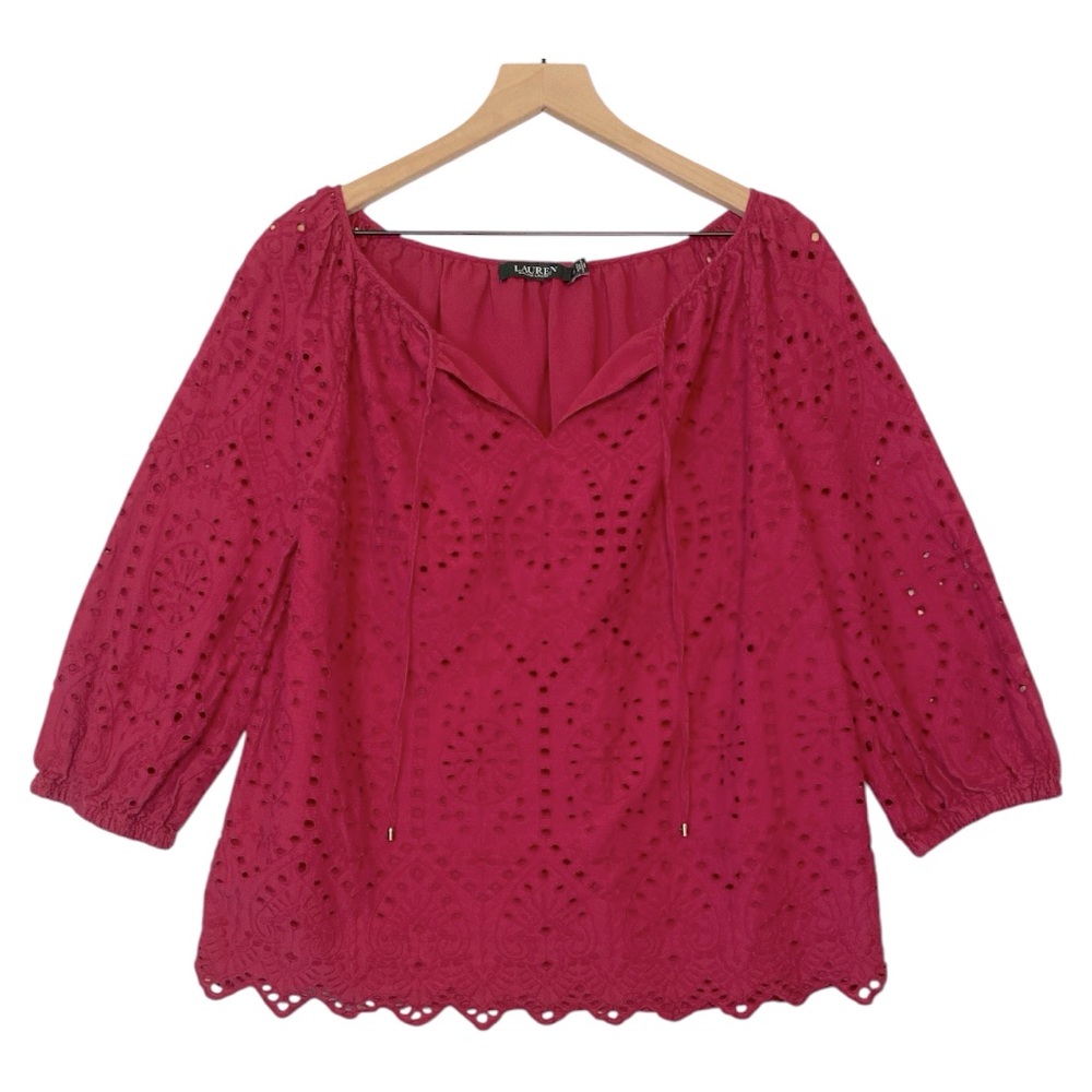 Lauren Ralph Lauren Eyelet‎ Lace Top Size L Peasant Cottagecore Colorful Boho